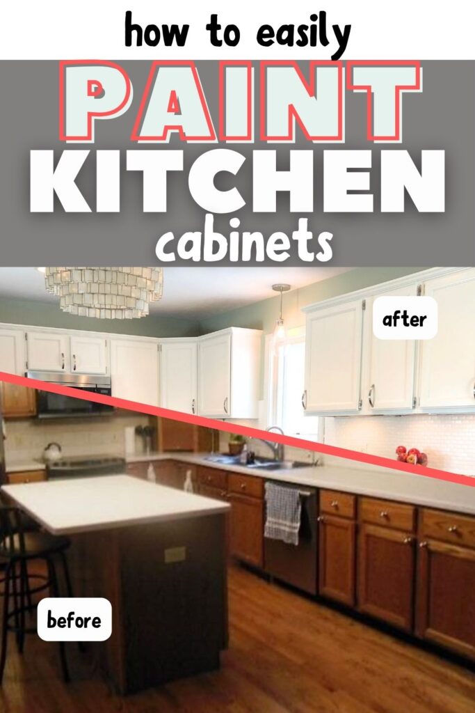before oak cabinets and after painted white cabinets with text how to easily paint kitchen cabinets.