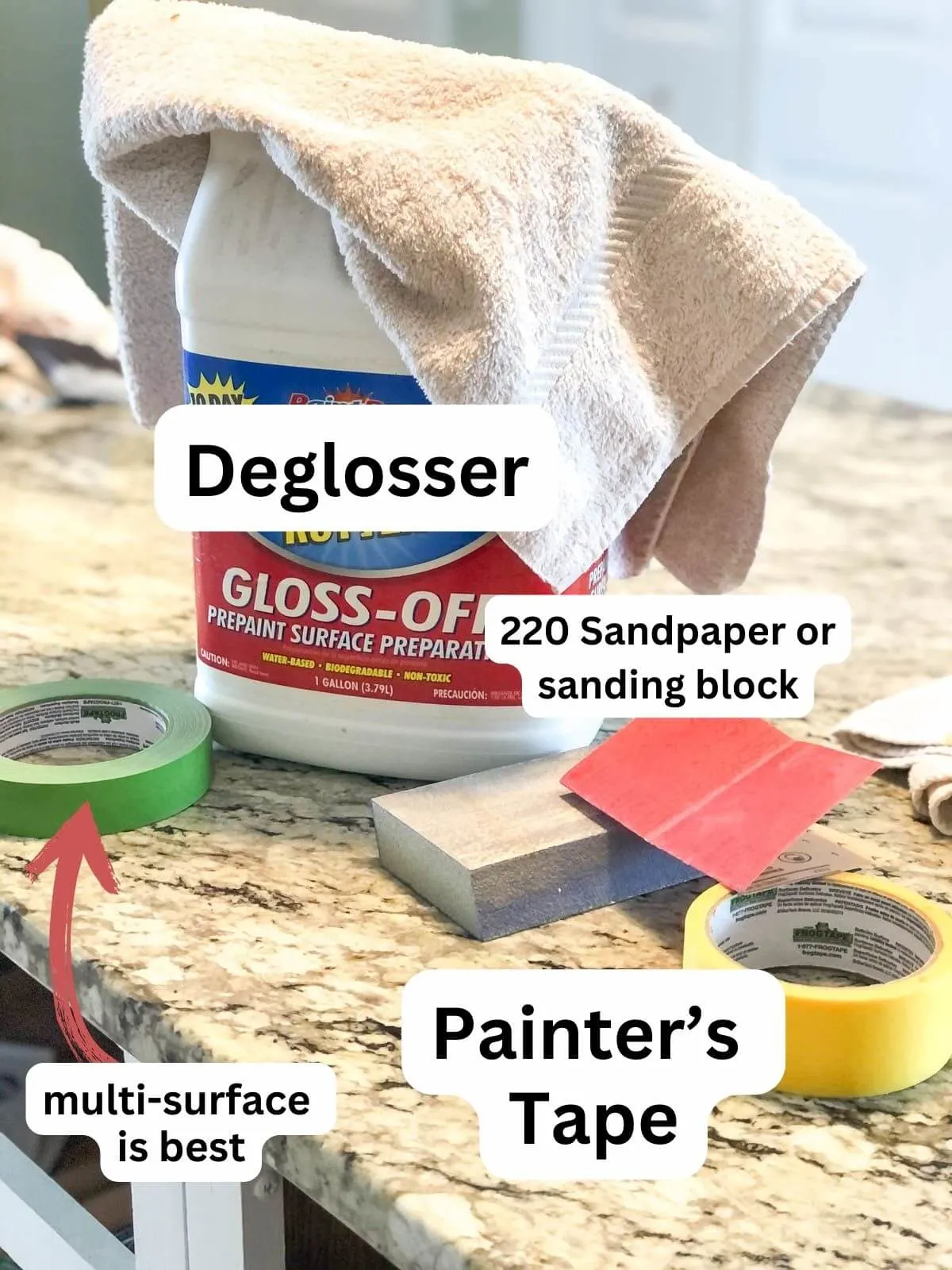 painter's tape, sand paper, deglosser on granite counter in kitchen with labels.